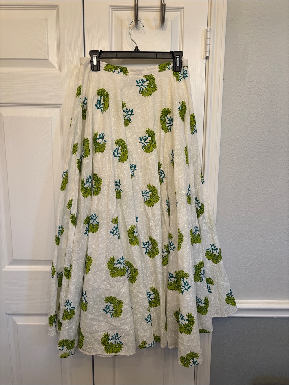 White A-Line Skirt with Green Floral Print